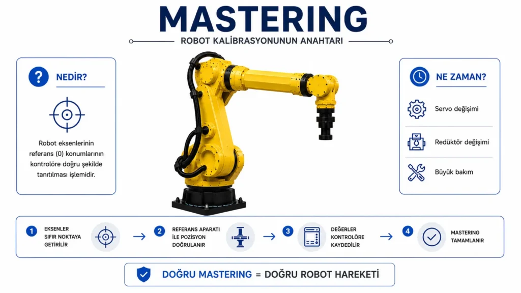 Endüstriyel robotlarda Mastering işlemini ve robot eksenlerinin referans konumlarının kontrolöre tanıtılmasını açıklayan infografik. Mastering Nedir.