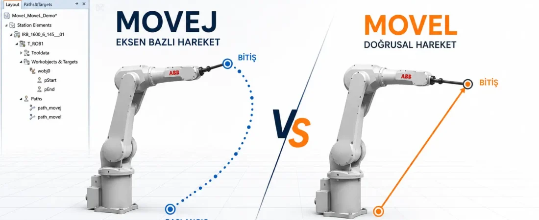 ABB RobotStudio ortamında MoveJ ve MoveL robot hareket komutlarının karşılaştırmasını gösteren görsel.