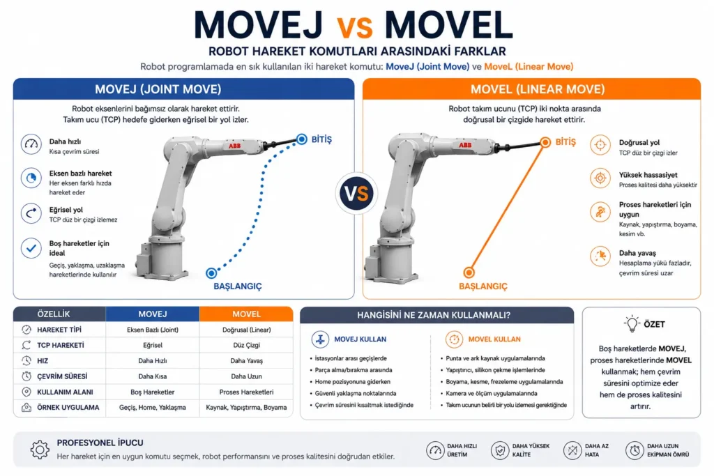MoveJ ve MoveL hareket komutlarının hız, TCP hareketi, kullanım alanları ve çalışma mantığı açısından karşılaştırıldığı infografik.