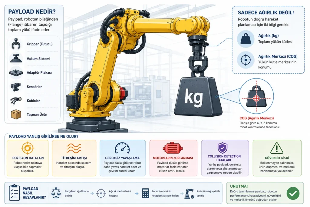 Payload nedir? Robot payload bileşenleri, ağırlık merkezi (COG) ve robot performansına etkilerini gösteren infografik.